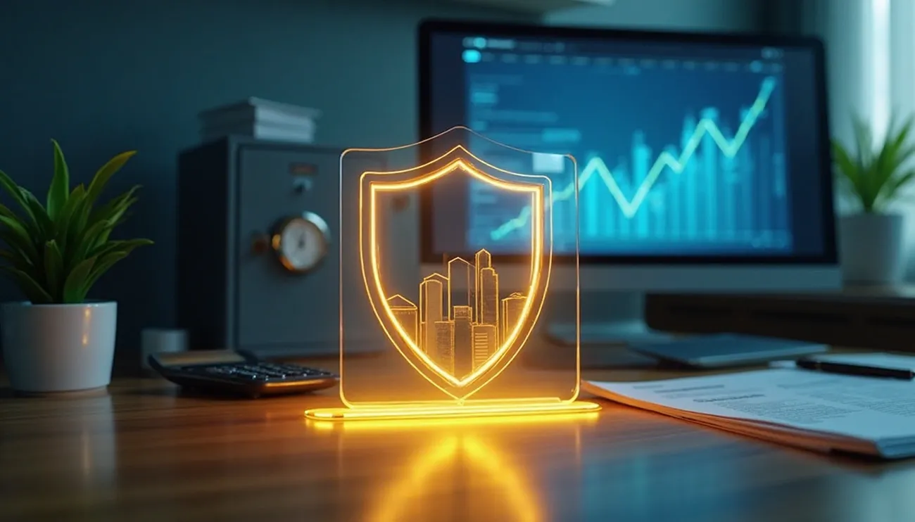 Glowing shield with cityscape icon on desk in front of computer showing rising financial graph, symbolizing business protection.